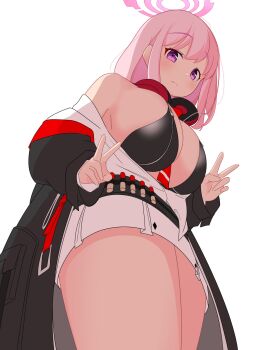 1girl ammunition ammunition_belt bandolier belt between_breasts black_bra black_coat blue_archive bra breasts coat double_v dress eimi_(blue_archive) from_below halo headphones headphones_around_neck highres large_breasts lovekaosu necktie necktie_between_breasts off-shoulder_coat off_shoulder open_clothes open_coat pink_hair purple_eyes red_necktie sideboob solo thighs underwear v white_background white_dress zipper_pull_tab zipper_top