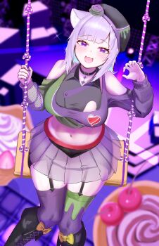 1girl :d absurdres alternate_breast_size_(larger) animal_collar animal_ears asymmetrical_legwear asymmetrical_sleeves bare_shoulders beret black_boots black_choker black_collar black_hat black_shirt black_shorts blurry blurry_background blush boots breasts cat_ears choker claw_pose clothing_cutout collar collared_shirt colored_inner_hair commentary_request crop_top cropped_jacket cropped_shirt depth_of_field diagonal_bangs fishnet_sleeves fishnets flower fold-over_boots garter_straps green_jacket hat hat_flower highres hololive jacket knee_boots lace-up_boots large_breasts long_sleeves looking_at_viewer mismatched_legwear mismatched_sleeves multicolored_hair multicolored_jacket nekomata_okayu nekomata_okayu_(poisonya_syndrome) official_alternate_costume official_alternate_hairstyle on_swing open_mouth over-kneehighs oversized_food oversized_object overskirt purple_eyes purple_hair purple_jacket purple_skirt purple_thighhighs rose see-through_clothes see-through_overskirt see-through_skirt see-through_sleeves shirt short_hair shorts shoulder_cutout sitting skirt smile solo swing tebingo thighhighs tilted_headwear two-tone_jacket virtual_youtuber