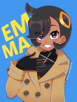 1girl black_hair blue_background character_name danielanything dark-skinned_female dark_skin emma_(pokemon) gloves jacket long_sleeves looking_at_viewer nintendo pokemon pokemon_legends:_z-a purple_eyes short_hair teeth upper_body