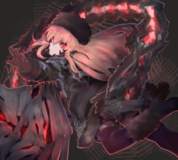 1girl bad_id bad_pixiv_id blonde_hair boots cable closed_mouth coat code_vein female_focus from_side fur_hat fur_trim garter_straps gloves hat high_heel_boots high_heels highres long_hair long_sleeves looking_at_viewer m@zent mia_karnstein outstretched_arm papakha red_eyes shaft_look solo stinger tail thighhighs zettai_ryouiki