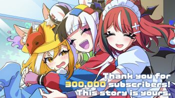 Rule 34 | 3girls, animal ear fluff, animal ears, artist request, black hair, blonde hair, blue shirt, closed eyes, commentary request, double bun, english text, fangs, fox ears, hair bun, hair ornament, hairclip, hat, hat ornament, head wings, hug, kindergarten uniform, kitsunebi youko, maid headdress, multicolored hair, multicolored shirt, multiple girls, official art, open mouth, patchwork skin, purple wings, red hair, red shirt, school hat, sharp teeth, shirt, smile, sweatdrop, teeth, thank you, upper body, virtual youtuber, white hair, white shirt, wings, yamiyo mea, yellow eyes, yomi haruka, zonchuu zombie jk wa game haishinchuu