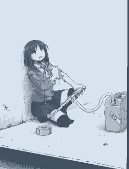 1girl against_wall bags_under_eyes barefoot blazer bleeding blood blood_donation blood_on_arm blood_type clenched_teeth collared_shirt dress_shirt dropper duct_tape empty_eyes hamsterfragment holding injury jacket jaggy_lines jerry_can long_sleeves medium_hair monochrome neck_ribbon no_pupils on_one_knee original over-kneehighs parted_lips pebble pleated_skirt pump ribbon school_uniform shirt skirt sleeve_rolled_up solo shinohata_sachie_(hamsterfragment) teeth thighhighs wing_collar