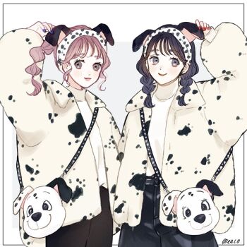 101_dalmatians 2girls animification bag brown_hair character_bag coat full_body genderswap handbag humanization meecosme multiple_girls open_mouth pants perdita_(disney) personification pongo_(disney) ponytail ribbon short_braid short_hair simple_background smile