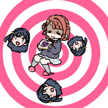 2girls :d bad_food black_hair black_jacket blood blood_from_mouth blush_stickers bread bread_slice chibi chibi_inset chibi_only closed_eyes commentary_request food grey_eyes grey_socks hair_bun hair_ornament hairclip holding holding_food jacket long_hair long_sleeves love_live! love_live!_nijigasaki_high_school_idol_club medium_hair miniskirt multiple_girls neck_ribbon nijigasaki_school_uniform one_side_up open_mouth orange_hair parallel_hairclips pink_background pink_slippers plaid_clothes plaid_skirt pleated_skirt red_ribbon ribbon school_uniform shinanoya_(satanicad) single_side_bun skirt slippers smile socks toast uehara_ayumu v-shaped_eyebrows white_skirt winter_uniform yuki_setsuna