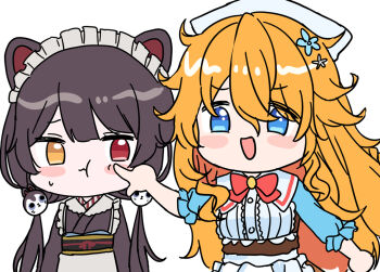 2girls :d :t animal_ears apron black_hair black_kimono blue_eyes blue_flower blush_stickers bow brown_skirt cheek_poking chibi closed_mouth commentary_request dog_ears dog_hair_ornament flower frilled_apron frills hair_between_eyes hair_flower hair_ornament inui_toko inui_toko_(1st_costume) japanese_clothes kimono long_hair low_twintails maid maid_headdress mochimiko multiple_girls nijisanji obi open_mouth orange_hair otogibara_era_(1st_costume) poking puffy_short_sleeves puffy_sleeves red_bow sash shirt short_sleeves simple_background skirt smile twintails upper_body very_long_hair virtual_youtuber wa_maid wavy_mouth white_apron white_background white_flower white_shirt