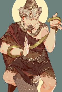 1boy abhaya_mudra absurdres animal arm_up bangle bare_legs belt bindi blue_background box bracelet brown_tunic circlet crown curtained_hair dimple earrings face_chain facial_mark fat fat_man feet_out_of_frame flipped_hair floating_earrings forehead_mark fringe_trim gold_belt gold_teeth green_eyes grey_hair halo halo_behind_head hand_up highres holding holding_animal holding_snake jewelry male_focus mgong520 mouth_hold mudra necklace on_box open_hands original parted_lips raised_eyebrow short_hair shoulder_necklace single_off_shoulder sitting sitting_on_box snake solo straddling teeth tunic