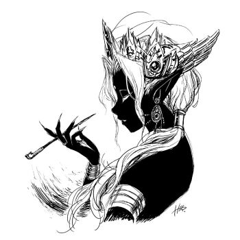 Rule 34 | 1girl, armlet, closed eyes, commentary request, dark skin, earrings, fingernails, greyscale, headpiece, holding, holding smoking pipe, jewelry, long hair, monochrome, nakashima (middle earth), original, pointy ears, profile, ring, simple background, smoking pipe, very dark skin, white background