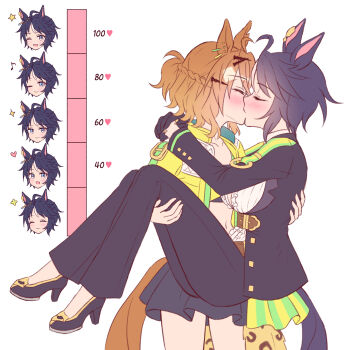 2girls animal_ears belt black_gloves black_hair black_shoes brown_belt brown_hair carrying carrying_person ear_ornament ear_piercing fuji_kiseki_(shooting_star_revue)_(umamusume) fuji_kiseki_(umamusume) gloves hair_ornament hairclip high_heels highres horse_ears horse_girl horse_tail jacket jungle_pocket_(champion's_battle_cry)_(umamusume) jungle_pocket_(umamusume) kiss kiss_meter_(meme) meme midriff multicolored_hair multiple_girls navel open_clothes open_jacket piercing princess_carry shoes simple_background streaked_hair tail umamusume white_hair yellow_jacket youngyangtang yuri