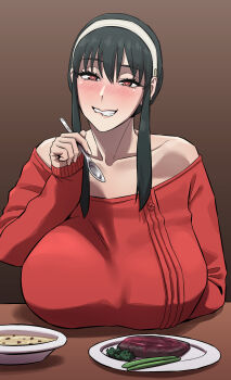 1girl akai_melon arm_under_breasts bare_shoulders black_hair blush breast_rest breasts breasts_on_table earrings gold_earrings hairband highres huge_breasts jewelry long_hair looking_at_viewer off-shoulder_sweater off_shoulder open_mouth red_eyes red_sweater sidelocks smile solo spy_x_family sweater white_hairband yor_briar