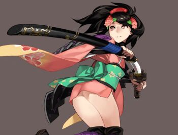 1girl 92m armor ass black_hair brown_eyes comb female_focus flat_ass flower from_behind hair_flower hair_ornament holding holding_sword holding_weapon japanese_armor japanese_clothes katana kimono kneehighs looking_back momohime obi oboro_muramasa sash scabbard sheath short_kimono shoulder_armor smile socks sode solo sword unsheathing weapon wide_sleeves