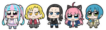 5girls :< :3 ahoge animal_ear_headphones animal_ears arms_at_sides asahi_rokka bad_id bang_dream! bkub black_boots black_hair black_jacket black_shirt black_shoes blonde_hair blue_eyes blue_hair blue_jacket blue_pants blue_skirt blue_socks blue_thighhighs blunt_bangs blush_stickers boots bracelet brown_dress brown_shoes brown_socks cat_ear_headphones cat_ears chibi chibi_only closed_mouth collared_shirt diagonal-striped_clothes diagonal-striped_necktie dot_nose dress fake_animal_ears frilled_skirt frills frown full_body glasses green_eyes grey-framed_eyewear grey_skirt hair_bobbles hair_ornament hair_scrunchie headphones jacket jewelry key key_necklace long_hair long_sleeves low_side_ponytail multicolored_hair multiple_girls necklace necktie nyubara_reona official_art open_clothes open_jacket open_mouth pants pink_eyes pink_hair pink_shoes pink_skirt plaid_clothes plaid_skirt pleated_skirt print_shirt purple_shirt raise_a_suilen red_jacket red_necktie red_scrunchie sato_masuki school_uniform scrunchie shirt shoes short_hair simple_background skirt sleeveless sleeveless_jacket socks standing striped_clothes striped_necktie tamade_chiyu teeth thighhighs torn_clothes torn_pants track_jacket twintails two-tone_hair upper_teeth_only v-shaped_eyebrows wakana_rei white_background white_jacket white_shirt yellow_eyes