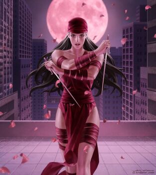 1girl bandana black_eyes black_hair building city commentary cowboy_shot dual_wielding elektra elektra_natchios english_commentary full_moon holding holding_weapon instagram_logo instagram_username long_hair looking_at_viewer marvel marvel_snap moon night official_art on_rooftop pelvic_curtain petals pink_moon pink_petals purple_sky red_bandana red_loincloth rooftop sai_(weapon) signature sky thigh_strap weapon western_comics_(style) yoon_junggeun