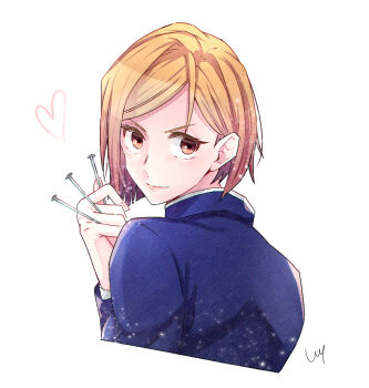 Rule 34 | 1girl, blue jacket, brown eyes, brown hair, closed mouth, commentary request, cropped torso, from behind, hair behind ear, heart, highres, holding, holding nail, jacket, jujutsu kaisen, jujutsu tech uniform, kugisaki nobara, long sleeves, looking at viewer, looking back, nail (hardware), short hair, signature, simple background, sin 3794, solo, upper body, white background