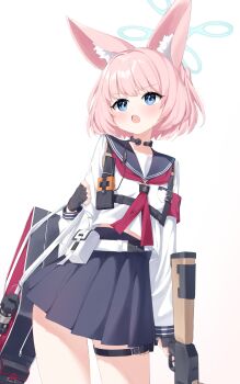 Rule 34 | 1girl, :o, absurdres, animal ear fluff, animal ears, bag, belt, black sailor collar, black skirt, blue archive, blue eyes, blue halo, blunt bangs, blush, cobe, commentary, cowboy shot, dual wielding, fingerless gloves, fox ears, fox girl, gloves, gun, half updo, halo, hand up, highres, holding, holding bag, holding gun, holding weapon, long sleeves, looking ahead, medium hair, midriff peek, miniskirt, neckerchief, niko (blue archive), open mouth, pink hair, pleated skirt, ponytail, red neckerchief, sailor collar, school uniform, serafuku, shirt, short ponytail, simple background, skirt, solo, tactical school uniform, thigh strap, v-shaped eyebrows, weapon, white background, white belt, white shirt