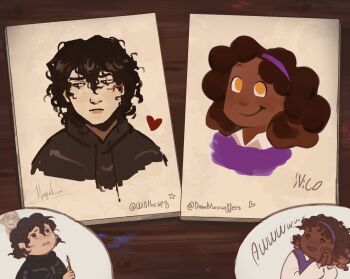 1boy 1girl artist_collaboration bags_under_eyes black_eyes black_hair black_hoodie brother_and_sister brown_hair chibi chibi_inset collared_shirt commentary curly_hair dark-skinned_female dark_skin dranktwocoffees english_commentary hazel_levesque heart highres hood hood_down hoodie itsis0k nico_di_angelo painting_(object) percy_jackson_and_the_olympians purple_vest serious shirt short_hair siblings skeleton_print vest white_shirt willthespy yellow_eyes