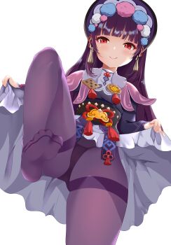 1girl absurdres black_pantyhose blunt_bangs bonnet capelet clothes_lift dress dress_lift earrings flower_knot from_below genshin_impact hair_ornament highres jewelry lifting_own_clothes lolita_fashion long_sleeves looking_at_viewer no_shoes panties panties_under_pantyhose pantyhose pink_capelet purple_dress red_eyes sash smile soles solo standing standing_on_one_leg tassel tassel_earrings thighband_pantyhose underwear vision_(genshin_impact) white_background xinyu_ypd3167 yun_jin_(genshin_impact)
