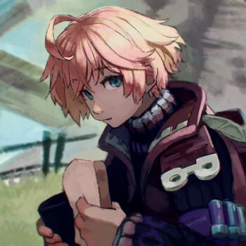 1boy blonde_hair blue_eyes food gloves looking_at_viewer male_focus reiesu_(reis) short_hair shulk_(xenoblade) simple_background solo vest weapon xenoblade_chronicles_1 xenoblade_chronicles_(series)