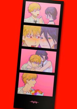 1boy 1girl black_choker black_hair black_ribbon blonde_hair bouquet carl_4 chainsaw_man character_name choker commentary denji_(chainsaw_man) flower green_eyes hair_between_eyes highres holding holding_bouquet neck_ribbon red_background red_eyes reze_(chainsaw_man) ribbon shirt short_hair sleeveless sleeveless_shirt symbol-only_commentary white_shirt