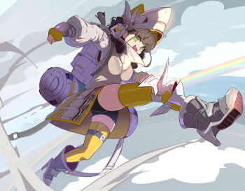 1girl backpack bag black_shorts boots breasts brown_hair brown_vest chime_(nikke) commentary_request fingerless_gloves gloves goddess_of_victory:_nikke grey_boots helmet high_heel_boots high_heels jacket long_sleeves looking_at_viewer medium_breasts midair open_mouth rainbow shorts skindentation smile solo sweater_vest syope thick_eyebrows thighhighs thighs vest white_jacket yellow_eyes yellow_thighhighs