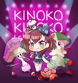 1girl :&gt; ahoge black_hairband black_headwear blue_ribbon blush breloom brown_hair chibi collared_shirt crossover elbow_gloves foongus full_body gen_1_pokemon gen_3_pokemon gen_5_pokemon gen_7_pokemon gloves gradient_hair green_eyes grey_gloves grey_shirt grey_shoes grey_skirt hairband hat hat_ribbon highres holding holding_poke_ball holding_weapon looking_at_viewer magia_record:_mahou_shoujo_madoka_magica_gaiden magical_girl mahou_shoujo_madoka_magica mini_hat miniskirt multicolored_hair mushroom nintendo no_nose paras poke_ball pokemon pokemon_(creature) purple_background ribbon romaji_text shiinotic shirt shoes short_hair skirt solo takenoko_mgrc thighhighs top_hat weapon white_thighhighs yayoi_kanoko