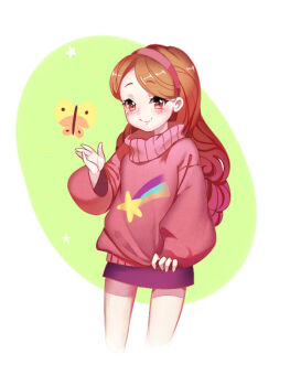 1girl brown_eyes brown_hair bug butterfly closed_mouth gravity_falls hairband insect long_hair long_sleeves looking_at_viewer mabel_pines shirt skirt smile sweater turtleneck upper_body zhangyl624