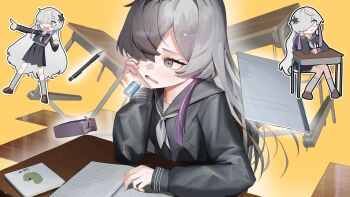 1girl absurdres arm_on_table basasyu black_sailor_collar black_shirt black_skirt blue_hair book cevio desk elbow_on_table frown grey_eyes grey_hair grey_neckerchief grey_socks hair_over_one_eye hand_on_own_face head_rest highres index_finger_raised long_hair long_sleeves multicolored_hair multiple_views neckerchief open_book parted_lips pleated_skirt sailor_collar school_desk sekai_(cevio) shirt skirt socks streaked_hair very_long_hair