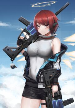 1girl absurdres arknights black_jacket blue_sky breasts bright_pupils brown_eyes closed_mouth covered_navel dual_wielding exusiai_(arknights) exusiai_(midnight_delivery)_(arknights) gun halo highres holding holding_gun holding_weapon jacket kafu_(kafu6416) large_breasts official_alternate_costume red_hair short_hair sky sleeveless solo thigh_strap thighs trigger_discipline weapon white_pupils