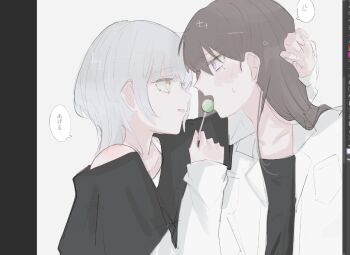 2girls aaieba anger_vein art_program_in_frame bang_dream! bang_dream!_it's_mygo!!!!! black_shirt brown_hair commentary feeding jacket kaname_raana layered_sleeves long_hair long_sleeves multiple_girls purple_eyes shiina_taki shirt short_over_long_sleeves short_sleeves spoken_anger_vein translation_request white_hair white_jacket white_shirt yellow_eyes yuri