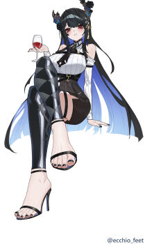 1girl absurdres armpit_crease artist_name bare_shoulders black_flower black_hair black_leggings black_nails black_necktie black_sandals black_skirt blue_hair blush breasts clothing_cutout colored_inner_hair crossed_legs cup detached_leggings drinking_glass ecchi-o eyelashes feet flower foot_focus hair_flower hair_ornament high-waist_skirt high_heel_sandals high_heels highres holding hololive impossible_clothes invisible_chair large_breasts large_variant_set leggings legs long_hair looking_at_viewer miniskirt multicolored_hair nail_polish necktie nerissa_ravencroft paid_reward_available red_eyes sandals shoulder_cutout simple_background sitting skirt solo stiletto_heels strappy_heels tassel toenail_polish toenails toes twitter_username variant_set very_long_hair virtual_youtuber white_background wine_glass