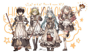 4girls agott_(tongari_boushi_no_atelier) apron black_hair black_socks blonde_hair blue_eyes blue_hair broom brown_eyes brushbuddy bucket coco_(tongari_boushi_no_atelier) duster feather_duster halloween happy_halloween highres holding holding_broom holding_bucket long_hair maid maid_apron maid_headdress multiple_girls one_eye_closed patchwork_clothes patchwork_skin pink_eyes pink_hair reverse_trap richeh_(tongari_boushi_no_atelier) shirahama_kamome short_hair socks standing standing_on_one_leg tetia_(tongari_boushi_no_atelier) thighhighs tongari_boushi_no_atelier yellow_eyes