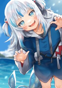 Rule 34 | 1girl, :d, black hoodie, blue eyes, blue hair, blue hoodie, blue nails, blue sky, blush, claw pose, cloud, cloudy sky, commentary request, cowboy shot, day, fins, fish tail, gawr gura, gawr gura (1st costume), hair ornament, highres, hololive, hololive english, hood, hood down, hoodie, leaning forward, leaning to the side, multicolored hair, multicolored hoodie, ocean, open mouth, outdoors, red hoodie, shark girl, shark hair ornament, shark tail, sharp teeth, sky, smile, solo, streaked hair, summer, tail, teeth, translation request, two-tone hair, two side up, uchisaki himari, v-shaped eyebrows, virtual youtuber, white hair, white hoodie