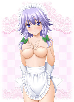 1girl apron blue_eyes blush braid breasts covering_privates covering_breasts eyebrows_hidden_by_hair female_focus izayoi_sakuya maid_headdress naked_apron nipples short_hair side_braid silver_hair sin-go solo touhou twin_braids