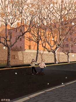 2girls ankle_boots black_hair black_pantyhose blonde_hair blue_pants boots brown_boots building hood hood_down hooded_jacket jacket jiemoxia long_sleeves looking_up medium_hair mittens multiple_girls original outdoors pants pantyhose road scenery shoes sidewalk snowing sweater town tree walking watermark white_jacket white_shoes white_sweater wide_shot