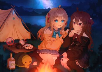 2girls ahoge asymmetrical_legwear bandaid bandaid_on_knee bandaid_on_leg black_cardigan black_skirt black_socks black_thighhighs blue_bow blue_bowtie blue_eyes blue_sailor_collar blue_skirt bottle bow bowtie broken_heart broken_heart_hair_ornament brown_hair camping cardigan closed_mouth commentary cup dress_shirt english_commentary evil_neuro-sama food from_side grass hair_between_eyes hair_ornament hair_ribbon heart heart_hair_ornament highres holding holding_stick kasoke308 lava_lamp long_hair long_sleeves marshmallow miniskirt mountainous_horizon multiple_girls neuro-sama night night_sky off-shoulder_cardigan open_mouth outdoors plasma_globe pleated_skirt red_bow red_bowtie red_eyes red_ribbon ribbon sailor_collar shirt siblings single_sock single_thighhigh sisters sitting skirt skull_hair_ornament sky socks stick table tent thighhighs torn_hair_ribbon turtle twins uneven_legwear vedal987 vedal_ai virtual_youtuber white_shirt wide_shot yellow_cardigan