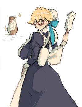 1girl apron back_bow blonde_hair blue_bow blue_dress borrowed_character bow breasts bun_cover catherine_(conto) commentary cowboy_shot dress duster english_commentary glasses grey_eyes hair_bow hair_bun highres holding holding_duster large_breasts long_dress looking_at_viewer looking_back maid maid_apron original parted_lips piku184 red-framed_eyewear sagging_breasts semi-rimless_eyewear single_hair_bun solo sparkle under-rim_eyewear vase white_apron white_background white_bow