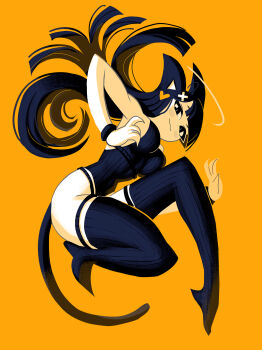 Rule 34 | 1girl, andaerz, animal ears, armpits, bare shoulders, black eyes, black hair, black leotard, black thighhighs, blush, blush stickers, bracelet, breasts, cat ears, cat girl, cat girl (andaerz), cat tail, halo, heart, highres, jewelry, large ears, leotard, long hair, looking at viewer, medium breasts, narrow waist, orange background, original, ribbed leotard, tail, thigh strap, thighhighs