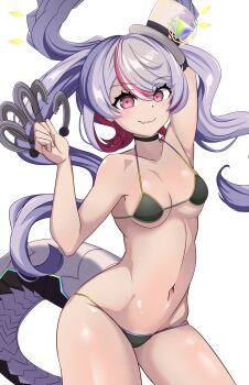 1girl bikini black_bikini black_collar breasts claw_(weapon) cleavage closed_mouth collar commentary_request duel_masters fang grey_hair hat highres horns kouchi_no_chouten_radio_roses long_hair looking_at_viewer medium_breasts micro_bikini mini_hat mini_top_hat multicolored_hair navel pink_eyes pink_hair pvcw5482 red_hair solo swimsuit tail top_hat twintails weapon white_background white_hat