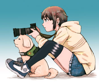 1girl black_thighhighs brown_eyes brown_hair camera commentary_request denim denim_shorts dog full_body gradient_background highres hood hood_down naotan original shirt shoes short_hair short_shorts shorts sitting sneakers taking_picture thighhighs white_shirt
