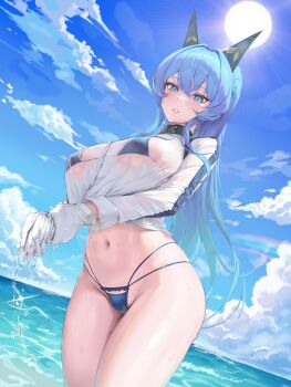1girl absurdres bikini bikini_under_clothes blue_bikini blue_eyes blue_hair blue_sky blush breasts gloves goddess_of_victory:_nikke hair_ornament helm_(aqua_marine)_(nikke) helm_(nikke) highres large_breasts long_hair looking_at_viewer micro_bikini multi-strapped_bikini_bottom nankam76 naval_jacket no_pants ocean open_mouth outdoors see-through_clothes see-through_shirt shirt skull_choker sky solo standing sun swimsuit water_drop wet_jacket white_gloves wringing_clothes