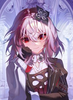 1girl absurdres asymmetrical_sleeves black_gloves buttons commentary_request evernight_(honkai:_star_rail) flower gloves hair_between_eyes hair_flower hair_ornament highres honkai:_star_rail honkai_(series) layered_clothes long_hair march_7th_(honkai:_star_rail) mismatched_sleeves nanjonyanya pink_hair red_eyes smile white_background