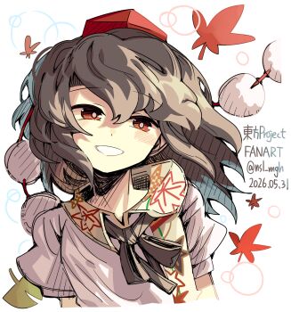 1girl :d autumn_leaves black_hair black_ribbon commentary copyright_name dated ginkgo_leaf grin hair_between_eyes hat highres ichirugi leaf looking_at_viewer maple_leaf neck_ribbon open_mouth pom_pom_(clothes) puffy_short_sleeves puffy_sleeves red_eyes red_hat ribbon shameimaru_aya shirt short_hair short_sleeves simple_background sketch smile solo tokin_hat touhou twitter_username upper_body white_background white_shirt