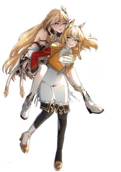 2girls :d absurdres animal_ears benteja blue_eyes boots carrying color_connection commission commissioner_upload dress durandal_(chevalier_fidele)_(umamusume) durandal_(honkai_impact) durandal_(palatinus_equinox)_(honkai_impact) durandal_(umamusume) full_body hair_color_connection hair_ornament high_heel_boots high_heels highres honkai_(series) honkai_impact_3rd horse_ears horse_girl jacket long_hair multiple_girls name_connection non-web_source open_mouth pants piggyback simple_background single_thighhigh smile textless_version thigh_boots thighhighs umamusume white_background white_dress white_pants yellow_jacket