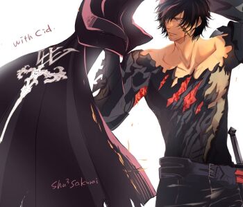 1boy bare_shoulders black_hair black_pants black_shirt clive_rosfield closed_mouth coat collarbone commentary_request dressing earrings final_fantasy final_fantasy_xvi holding holding_coat holding_unworn_clothes jewelry looking_to_the_side male_focus pants pectorals sakurai_shushushu shirt short_hair signature simple_background solo sparse_stubble torn_clothes torn_shirt unworn_coat white_background