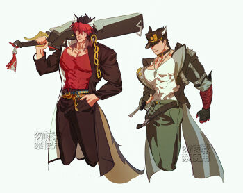 2boys animal_collar animal_ears arm_at_side bandaged_arm bandaged_hand bandages belt black_hair black_jacket black_pants buttons chain closed_mouth coat collar collared_coat collared_jacket cosplay costume_switch covered_abs covered_pectorals cropped_legs dduckdlk eyes_visible_through_headwear green_pants grey_hair hair_between_eyes hair_ears hand_in_pocket hat highres holding holding_sword holding_weapon jacket jewelry jojo_no_kimyou_na_bouken komano_manato komano_manato_(cosplay) kujo_jotaro_(cosplay) kuujou_joutarou long_sleeves looking_at_viewer male_focus multicolored_hair multiple_boys muscular muscular_male open_clothes open_coat open_jacket over_shoulder pants pectorals pendant pocket red_bandage red_hair red_shirt scar scar_across_eye scar_on_face shirt short_hair standing stardust_crusaders sword tail two-tone_hair weapon weapon_over_shoulder white_shirt zenless_zone_zero