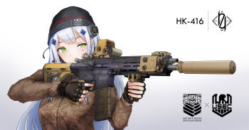 1girl 404_logo_(girls&#039;_frontline) absurdres acog assault_rifle blue_hair camouflage camouflage_jacket character_name crossover escape_from_tarkov fingerless_gloves girls&#039;_frontline gloves green_eyes gun h&amp;k_hk416 highres hk416_(girls&#039;_frontline) jacket klowncel laser_pointer logo rifle solo suppressor weapon woollen_cap