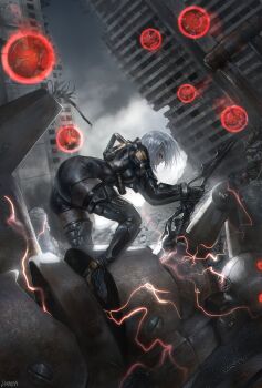 1girl 2b_(nier:automata) absurdres ass electricity glowing glowing_eyes grey_hair highres holding holding_weapon linadia11 machine_(nier) nier:automata nier_(series) official_alternate_costume orb outdoors red_eyes ruins signature weapon