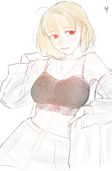 1girl arcueid_brunestud bare_shoulders bikini black_bikini black_bra blonde_hair bra breasts cleavage detached_sleeves highres jewelry lace lace-trimmed_bra lace_bra lace_trim large_breasts leodot looking_to_the_side red_eyes short_hair simple_background skirt smile solo swimsuit tsukihime tsukihime_(remake) underwear white_background