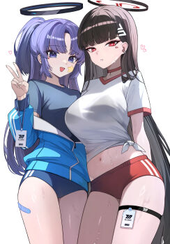 2girls :d absurdres arms_behind_back bandaid bandaid_on_leg black_bra black_hair black_shirt blue_archive blue_buruma blue_jacket blunt_bangs blurry blurry_background bra bra_visible_through_clothes breasts buruma choker commentary curtained_hair earrings english_commentary gym_shirt gym_uniform halo hand_up highres jacket jacket_partially_removed jewelry kkato lanyard long_hair long_sleeves looking_at_viewer mechanical_halo midriff multiple_girls navel official_alternate_costume open_mouth parted_bangs parted_lips partially_unzipped ponytail purple_eyes purple_hair red_buruma red_choker red_eyes rio_(blue_archive) shirt short_sleeves simple_background smile star_(symbol) star_sticker sticker sticker_on_face sweat thigh_strap thighs tied_shirt track_jacket underwear v v-neck very_long_hair white_background white_shirt yuuka_(blue_archive) yuuka_(track)_(blue_archive) zipper