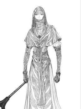 1girl black_bodice black_gloves black_hood bright_pupils buckle capelet coif elbow_gloves elden_ring elden_ring_nightreign feet_out_of_frame flanged_mace ganniloshi1 gloves greyscale hatching_(texture) highres holding holding_mace holding_weapon jewelry looking_down mace monochrome necklace nun partially_shaded_face solo standing undertaker_(elden_ring) weapon white_background white_coif white_pupils
