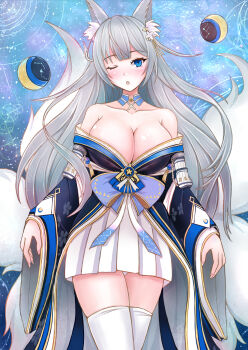 1girl animal_ear_fluff animal_ears azur_lane bare_shoulders blue_butterfly blue_eyes blue_garter_straps blue_kimono blush breasts bug butterfly cleavage fox_ears fox_girl fox_tail grey_hair highres insect japanese_clothes kimono kitsune kyuubi large_breasts long_hair looking_at_viewer moon_phases multiple_tails one_eye_closed panties pantyshot sai-go shinano_(azur_lane) solo tail thighhighs underwear very_long_hair